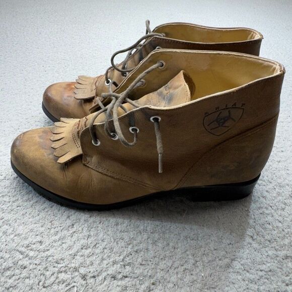 Ariat Boots Womens 8.5 Tan Ankle Leather Kiltie Western‎ Lace Up Roper Cowgirl - Picture 2 of 16